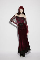 Red Lace Velvet Pleated Women's Gothic Elegant Mermaid Skirt - Red - 1