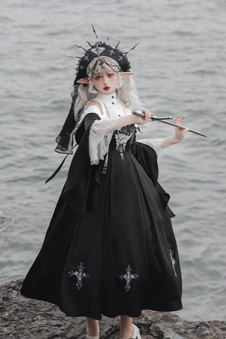 Black [Cross Nun] Stand Collar Off Shoulder Print Bowknot Gothic Elegant Lolita Dress - Product - 11