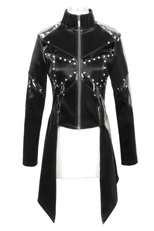 Black Rivet Bright Leather Zipper Long Womens Punk Coat - Product - 4