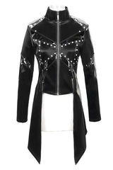 Black Rivet Bright Leather Zipper Long Womens Punk Coat - Product - 4