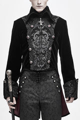 Black Court Pattern Lapel Collar Velvet Mens Gothic Coat - Black - 1