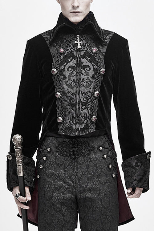 Black Court Pattern Lapel Collar Velvet Mens Gothic Coat - Black - 1