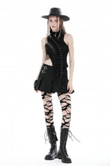 Black High Collar Sleeveless Irregular Asymmetric Lace-Up Eyelet Women's Punk Ripped Tank Top - Product - 7