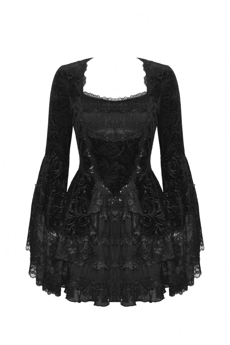 Black Square Collar Long Flared Sleeves Multi-Layered Lace Trim Lace-Up Women's Gothic Velvet Dress - Product - 3