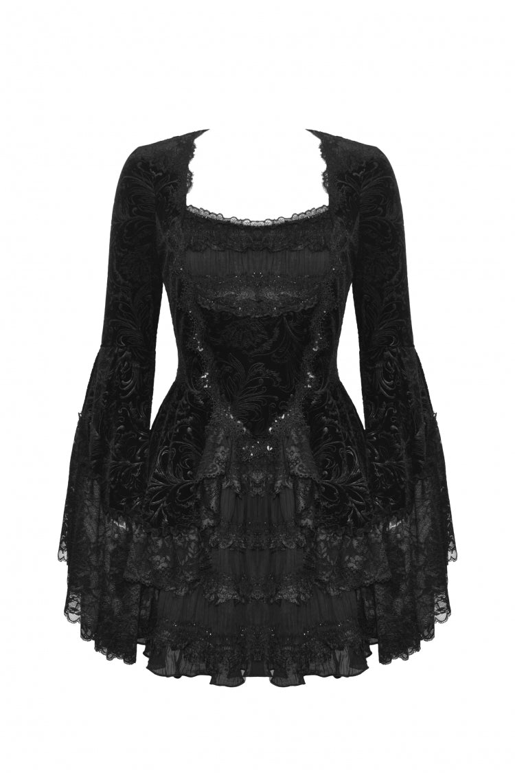 Black Square Collar Long Flared Sleeves Multi-Layered Lace Trim Lace-Up Women's Gothic Velvet Dress - Product - 3