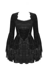 Black Square Collar Long Flared Sleeves Multi-Layered Lace Trim Lace-Up Women's Gothic Velvet Dress - Product - 3