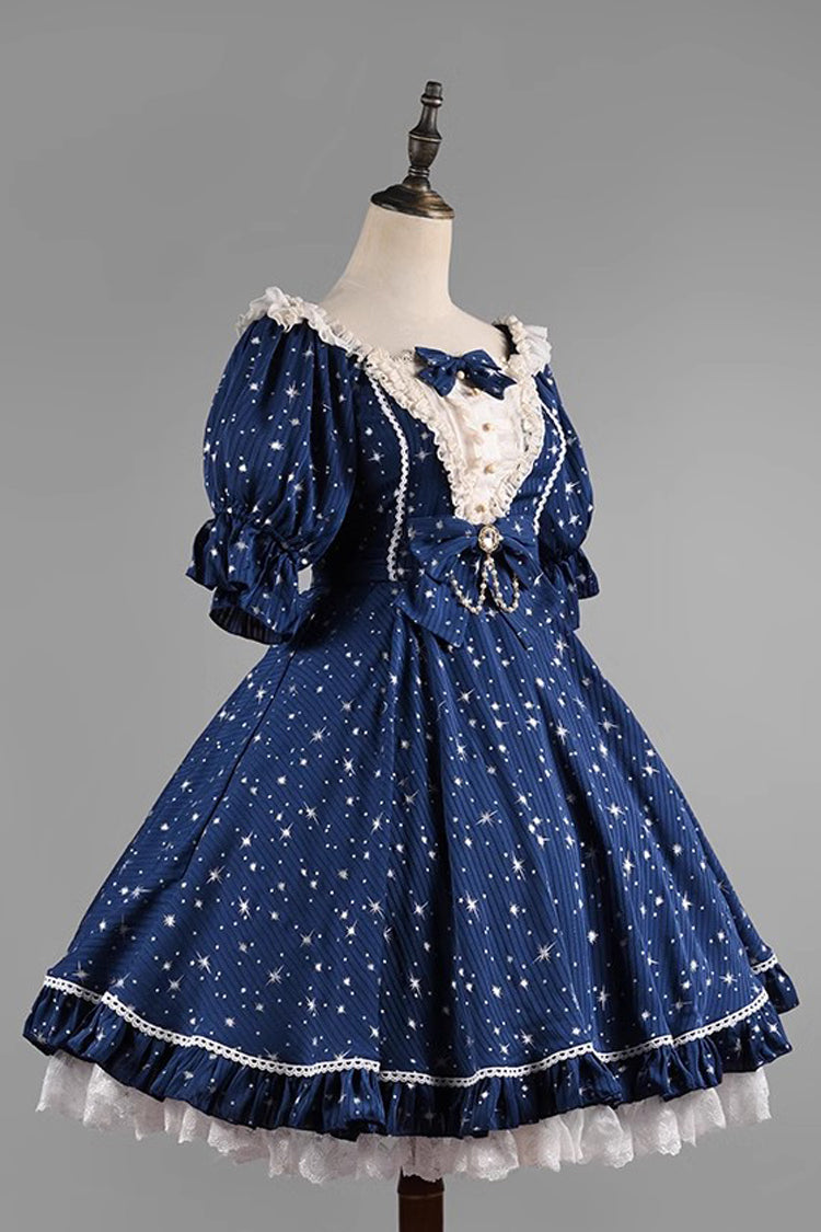 Midsummer Galaxy Shiny Star Print Short Sleeves Ruffle Bowknot Sweet Lolita OP Dress - Product - 12