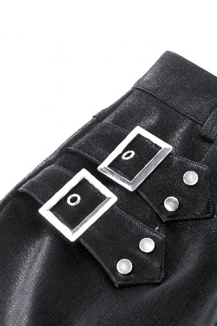 Black Leather Women's Punk Buckled Side Slit Irregular Hem Skirt - Product - 15