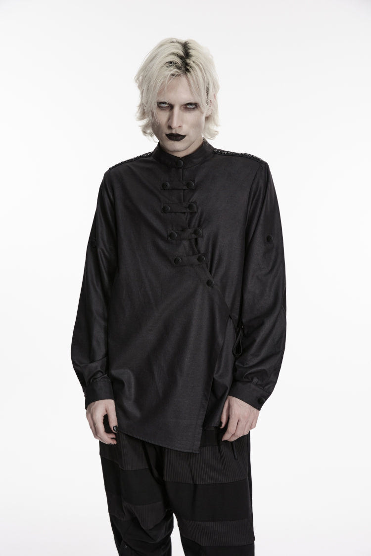 Black Stand Collar Long Sleeves Asymmetric Men's Punk Shirt - Black - 5