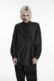 Black Stand Collar Long Sleeves Asymmetric Men's Punk Shirt - Black - 5