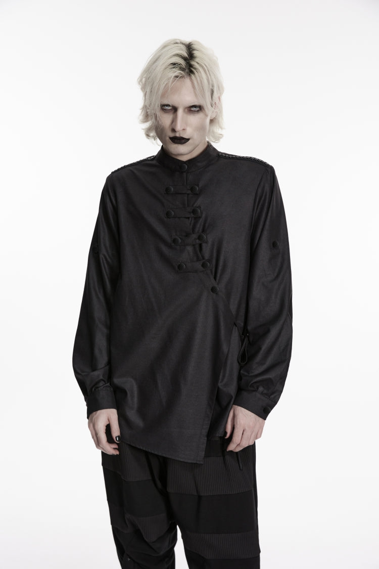 Black Stand Collar Long Sleeves Asymmetric Men's Punk Shirt - Black - 5