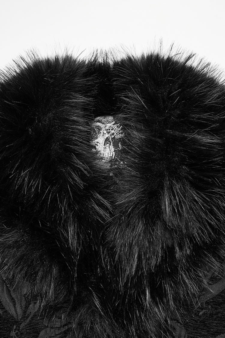 Black Fuax Fur Collar Long Sleeves Jacquard Zipper Men's Gothic Coat - Product - 5