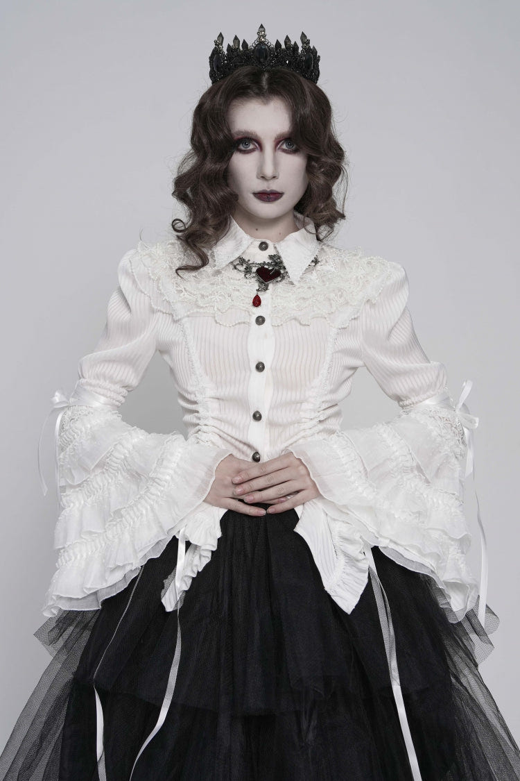 White Lapel Collar Long Trumpet Sleeves Lace Lace-Up Slim Women's Gothic Blouse - Product - 1