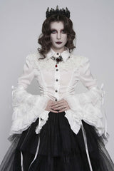 White Lapel Collar Long Trumpet Sleeves Lace Lace-Up Slim Women's Gothic Blouse - Product - 1