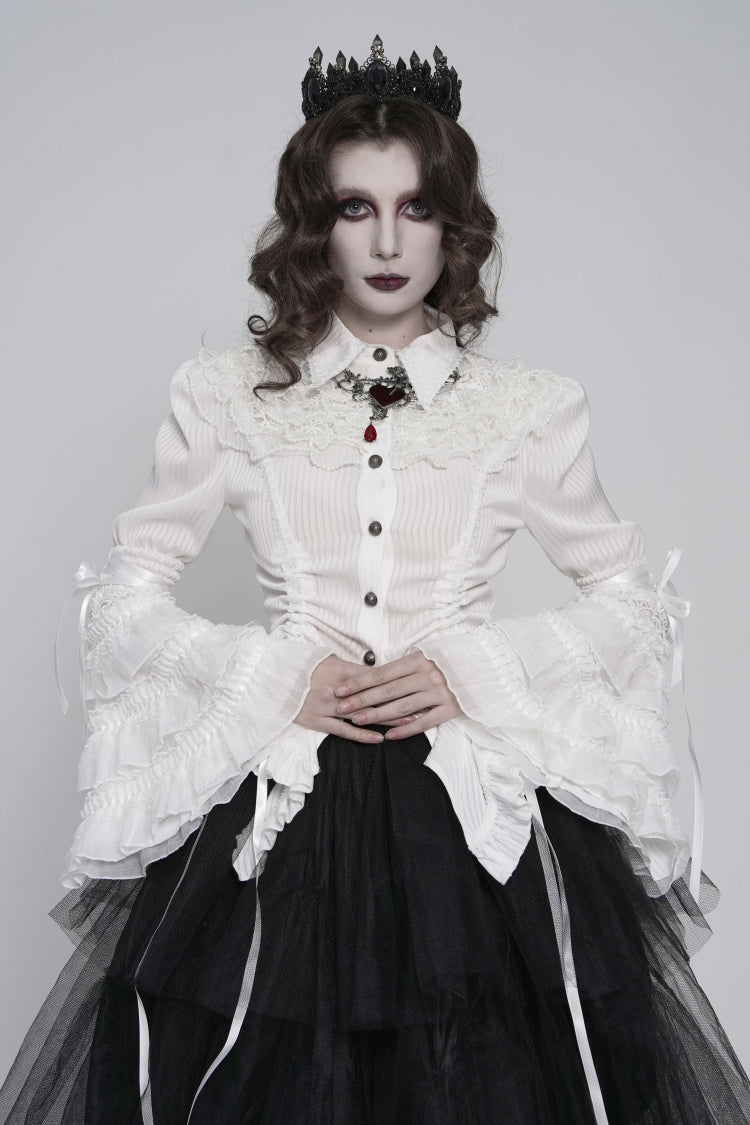 White Lapel Collar Long Trumpet Sleeves Lace Lace-Up Slim Women's Gothic Blouse - Product - 1
