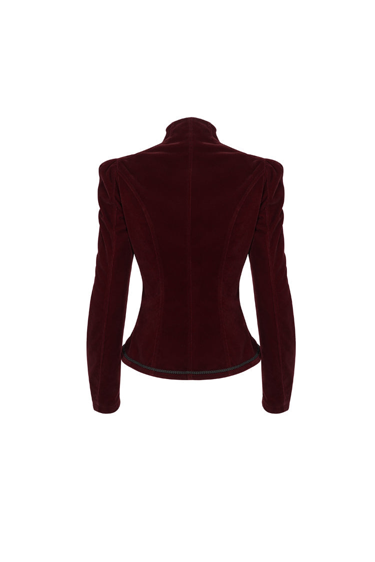 Red Stand Collar Velvet Applique On Chest Pendant Zipper Long Sleeve Women's Gothic Jacket - Product - 8