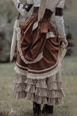 White/Brown Victorian Style Triple-Layered Striped Print Ruffle Classic Vintage Lolita Basil Skirt - Product - 3