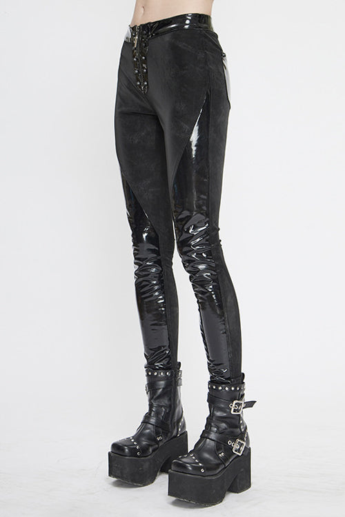 Black Fringe Patent Leather Spliced Punk Leggings Womens Pants - Product - 2