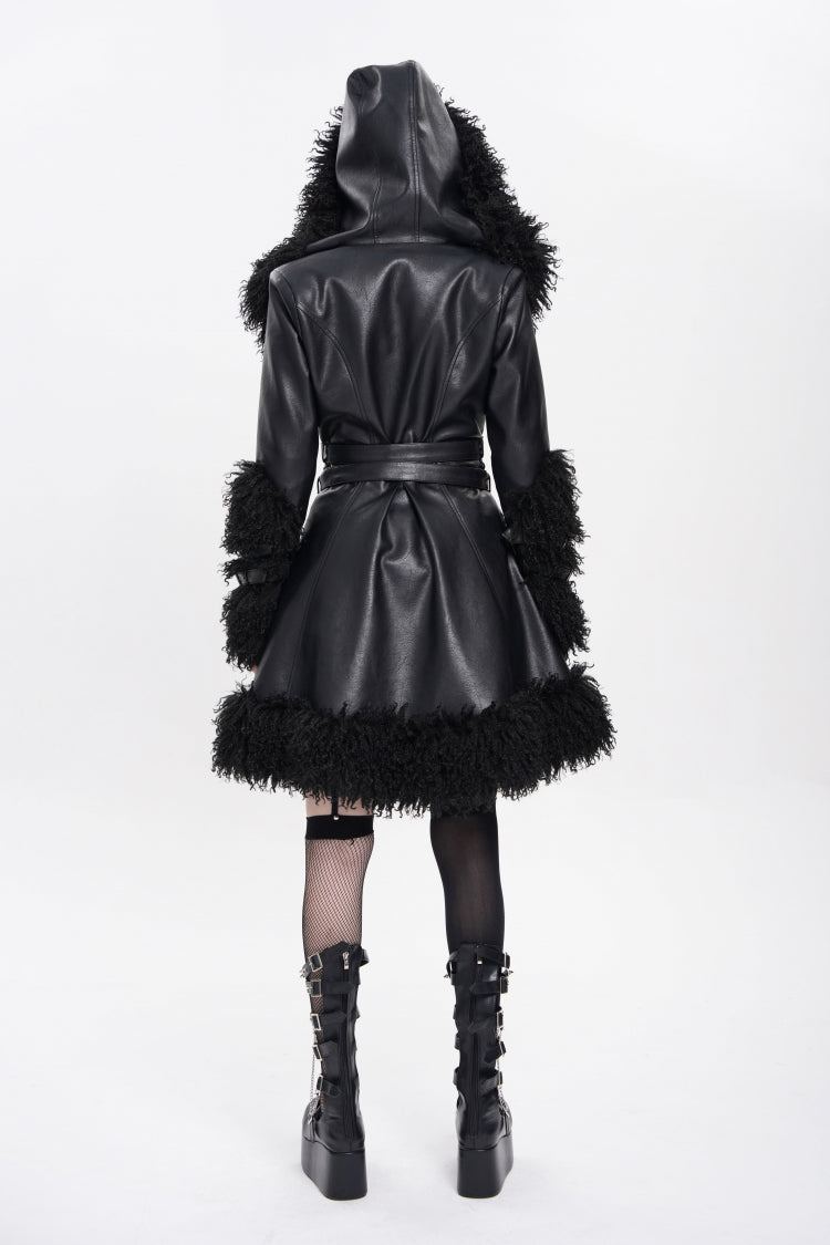Black Long Sleeves Plush Stitching Buckle Hooded Straps Women's Punk Coat - Product - 6