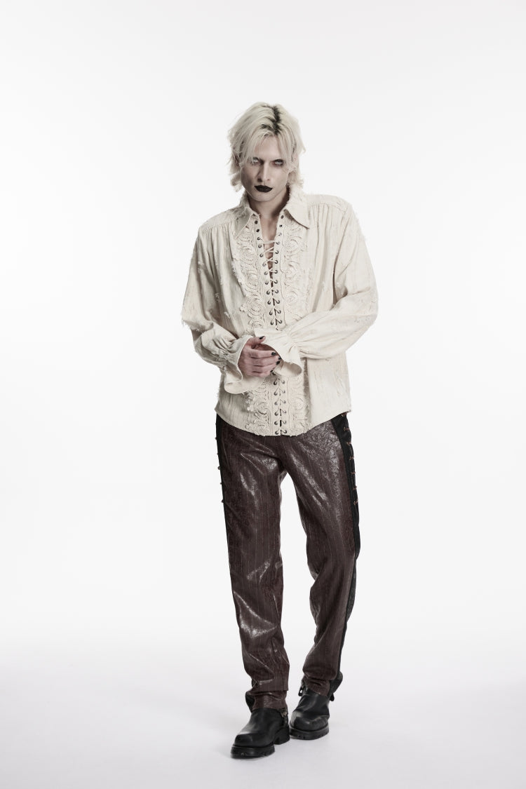 White Lapel Collar Long Sleeves Lace-Up Men's Gothic Shirt - Product - 4