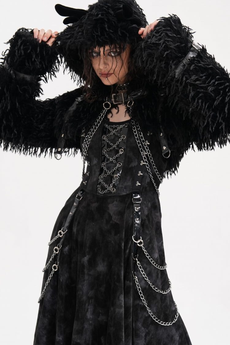 Black Long Sleeves Hooded Women's Gothic Chain Buckle-up Horn Cape - Black - 1