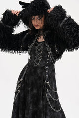 Black Long Sleeves Hooded Women's Gothic Chain Buckle-up Horn Cape - Black - 1