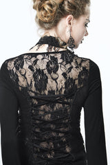 Black Asymmetric Lace Woolen Splice Rose Mesh Chest Hollow Applique Hem Women's Gothic Sweater - Product - 9