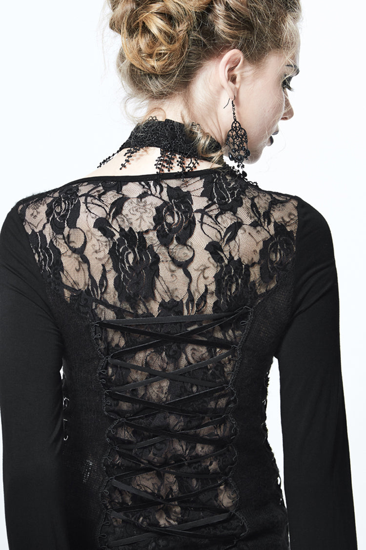 Black Asymmetric Lace Woolen Splice Rose Mesh Chest Hollow Applique Hem Women's Gothic Sweater - Product - 9