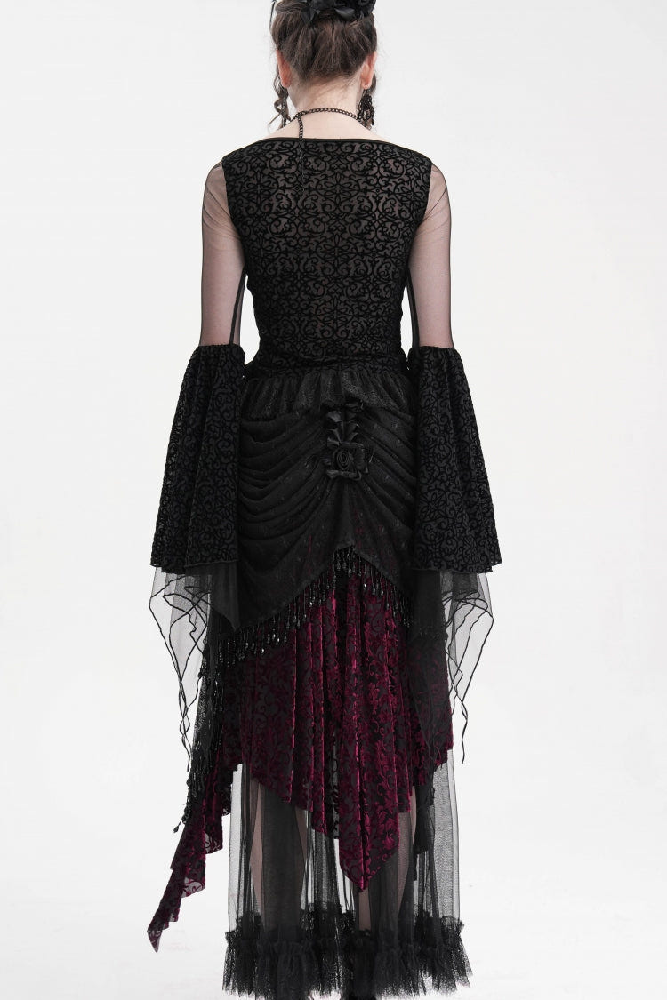 Black/Purple Tassels Mesh Women's Gothic Long Skirt - Product - 5