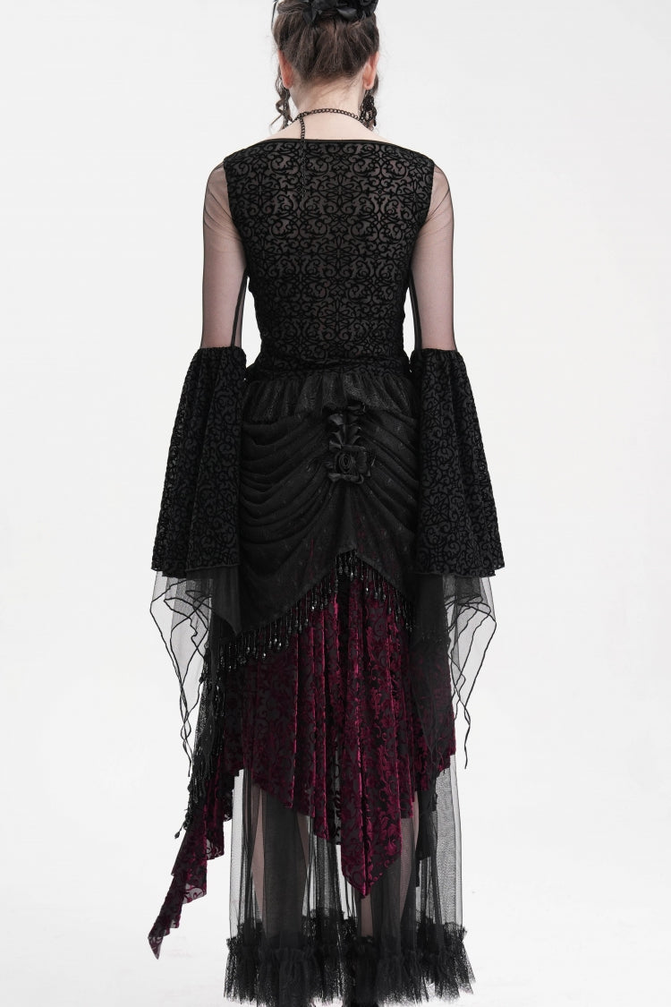 Black/Purple Tassels Mesh Women's Gothic Long Skirt - Product - 5