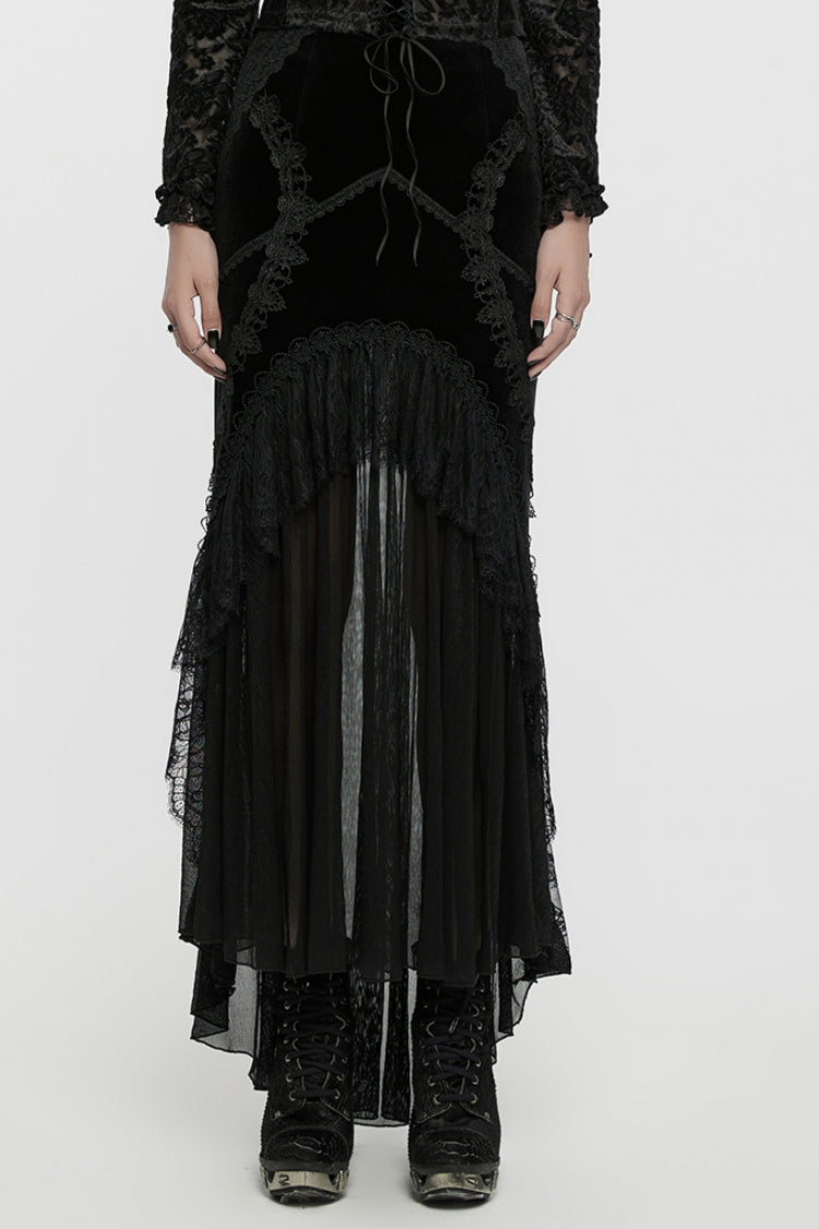 Black Ruffle Stitching Lace Women's Gothic Fishtailed Skirt - Black - 1