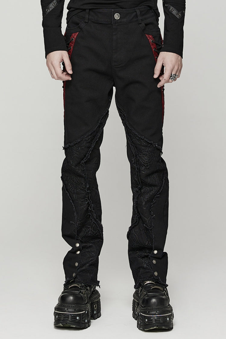 Black Stitching Spider Mesh Ripped Men's Punk Pants - Black - 1