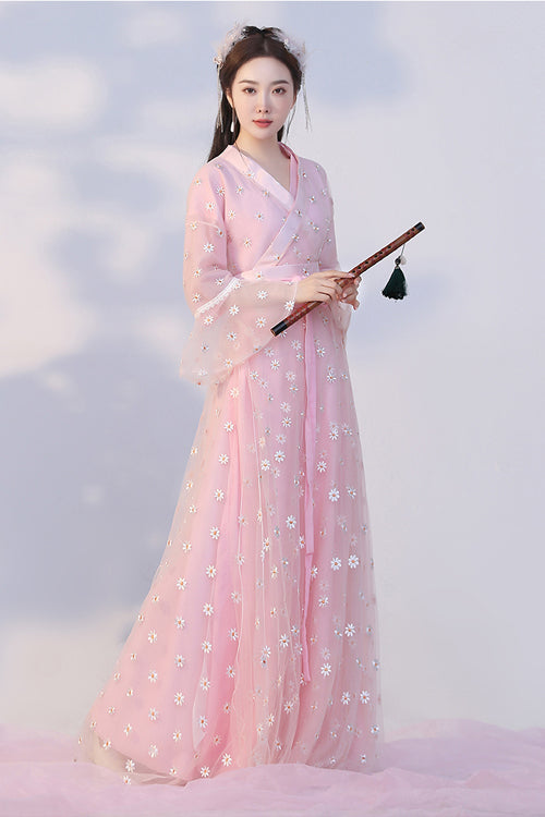 Pink Sunflower Embroidered Trumpet Sleeves Sweet Hanfu Dress - Product - 3