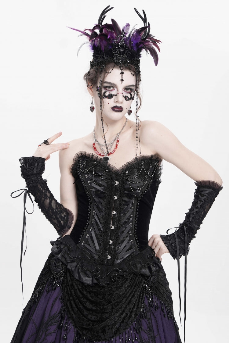 Black Sleeveless Beaded Lace Lace-Up Women's Gothic Overbust Corset - Black - 1