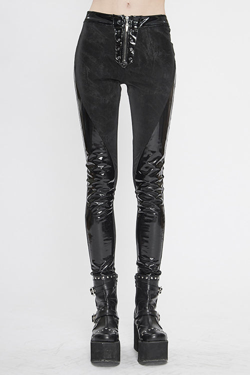 Black Fringe Patent Leather Spliced Punk Leggings Womens Pants - Black - 1