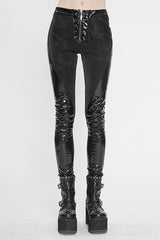 Black Fringe Patent Leather Spliced Punk Leggings Womens Pants - Black - 1
