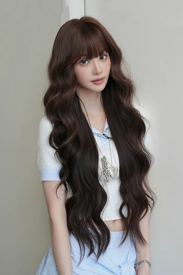 Light-Root Chestnut Brown Ombre Natural Fluffy Long Big Wavy Sweet Lolita Wig with Air Bangs - Product - 5