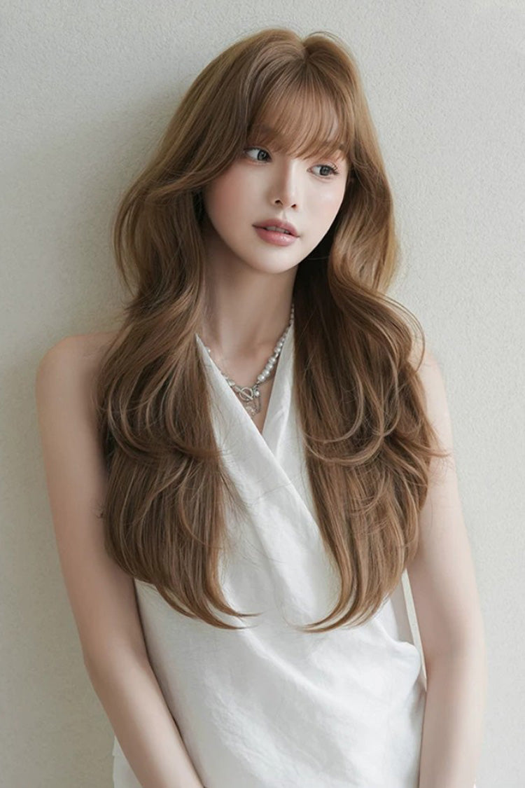 Milky Coffee Korean Style High-Layered Long Wavy Sweet Lolita Wig with Air Bangs - Milky-Coffee - 1