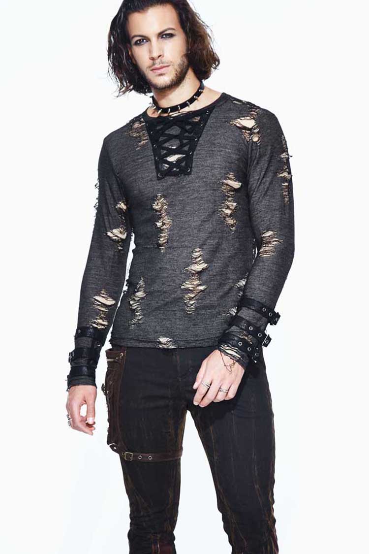 Black Long Sleeves Broken Holes Chest Lace Up Loop Cuff Men's Punk Shirt - Black - 7