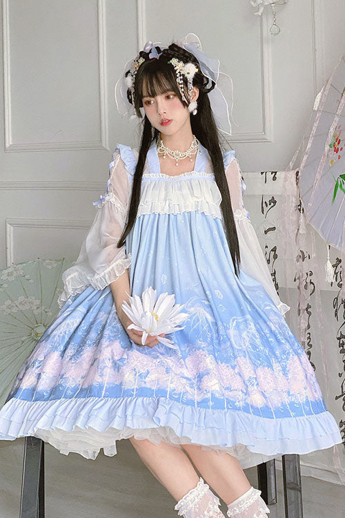 Blue Marine Jellyfish Print Bowknot Long Sleeves Ruffled Chinese Style Sweet Lolita Dress - Product - 3