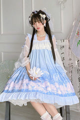 Blue Marine Jellyfish Print Bowknot Long Sleeves Ruffled Chinese Style Sweet Lolita Dress - Product - 3