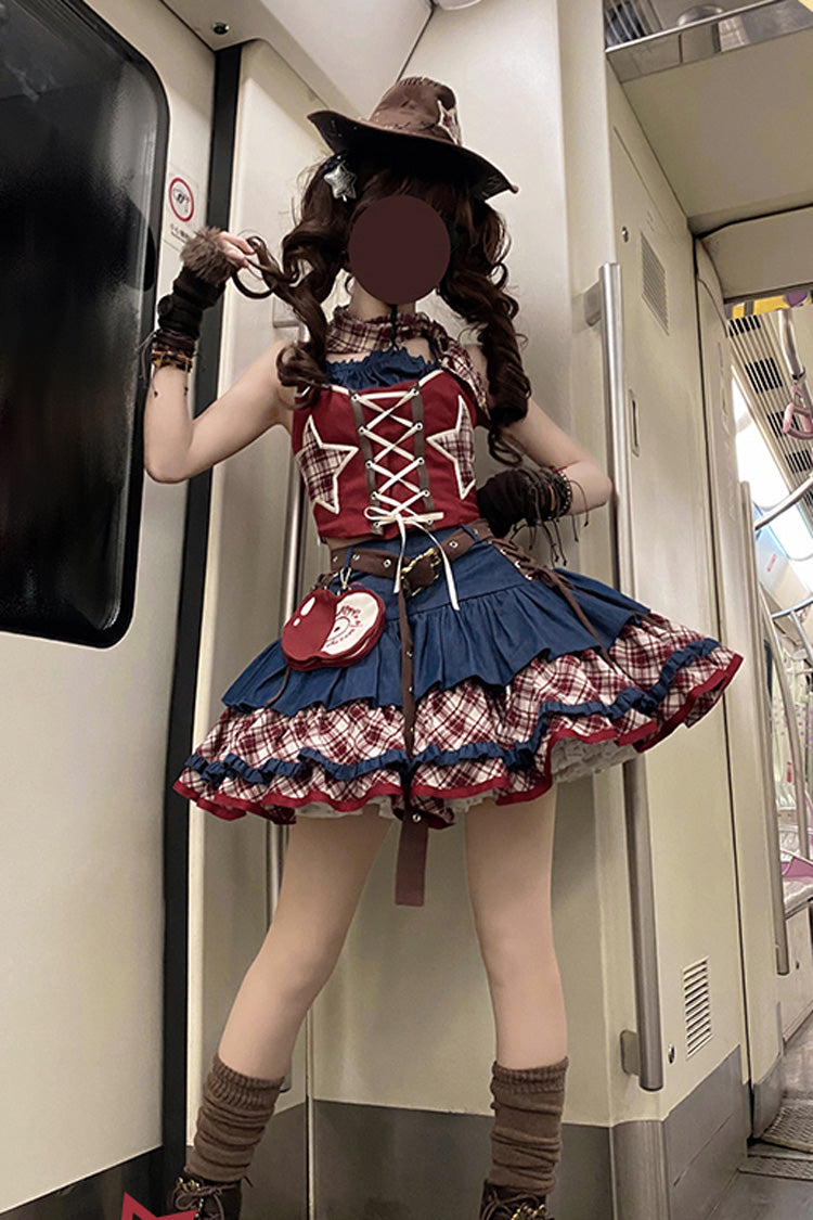 Red/Blue [Apple Trap] Triple-Layered Print Ruffle Lace-Up Sweet Lolita Jsk Dress Two-piece Set - Product - 12