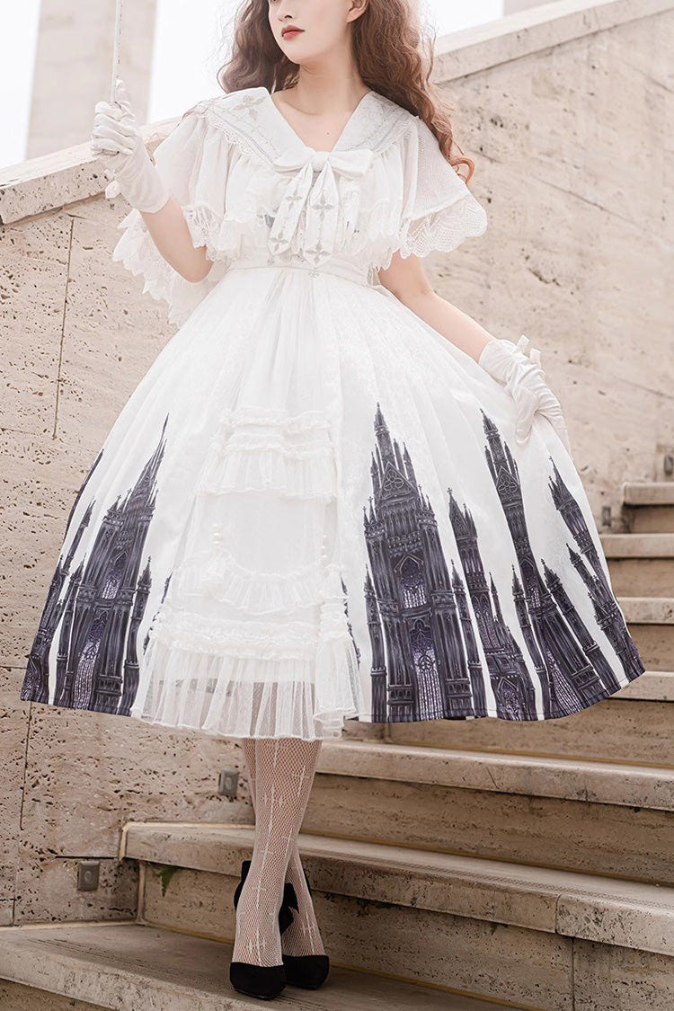 White Sleeveless Print Lace Gothic Vintage Princess Lolita Jsk Dress - White - 1
