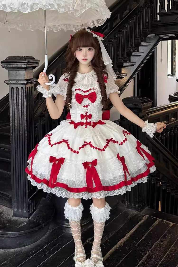 Red/White [Scarlet Heart Cocoa] Sleeveless Triple-Layered Ruffle Embroidery Bowknot Lace Sweet Lolita Jsk Dress - Product - 2