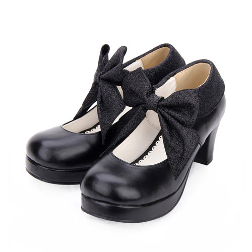 Round toe Big Bowknot Sweet Lolita Shoes - Black - 3