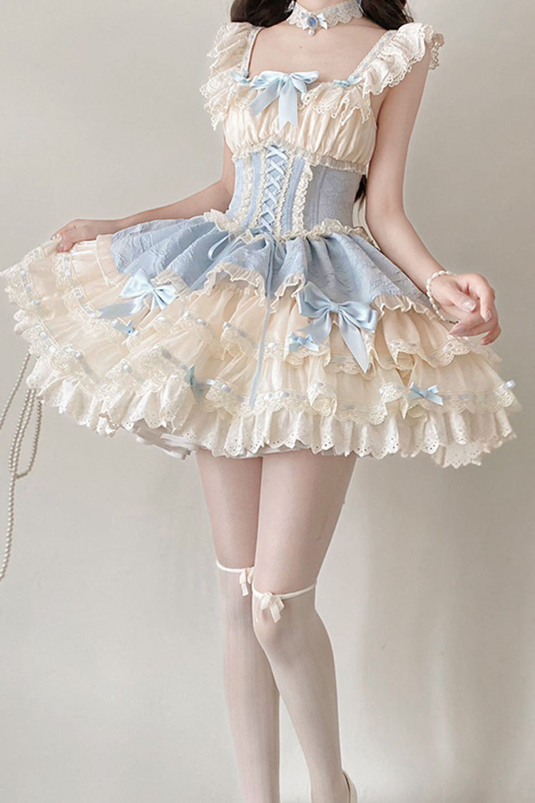Blue [Flory Butterfly] Double-Layered Ruffle Bowknot Lace Lace-Up Sweet Ballet Lolita Jsk Dress - Product - 4