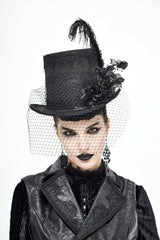 Black Women's Men's Gothic Noir Floral Feather Top Hat with Net Veil - Product - 2