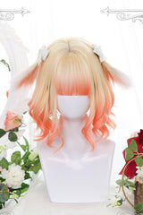 Orange Gradient Animal Ears Irregular Curly Sweet Lolita Wigs - Orange - 1