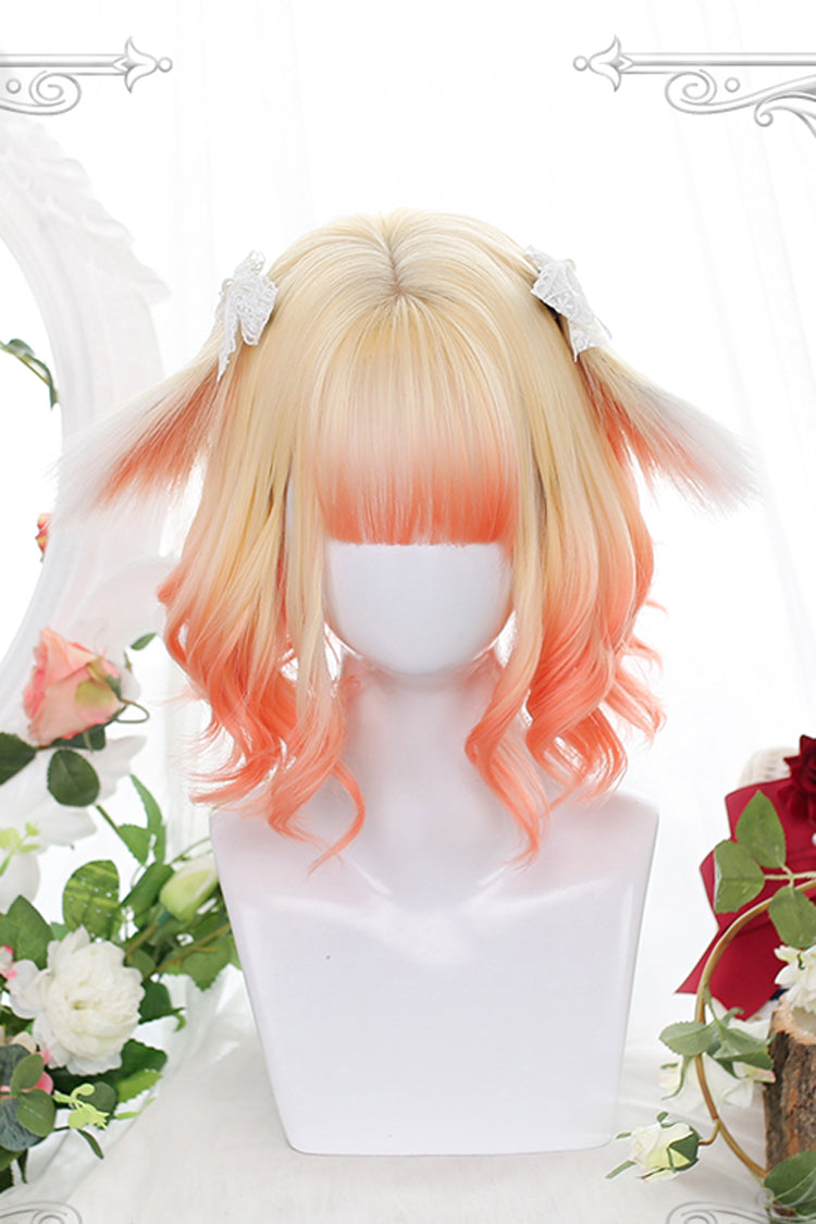 Orange Gradient Animal Ears Irregular Curly Sweet Lolita Wigs - Orange - 1