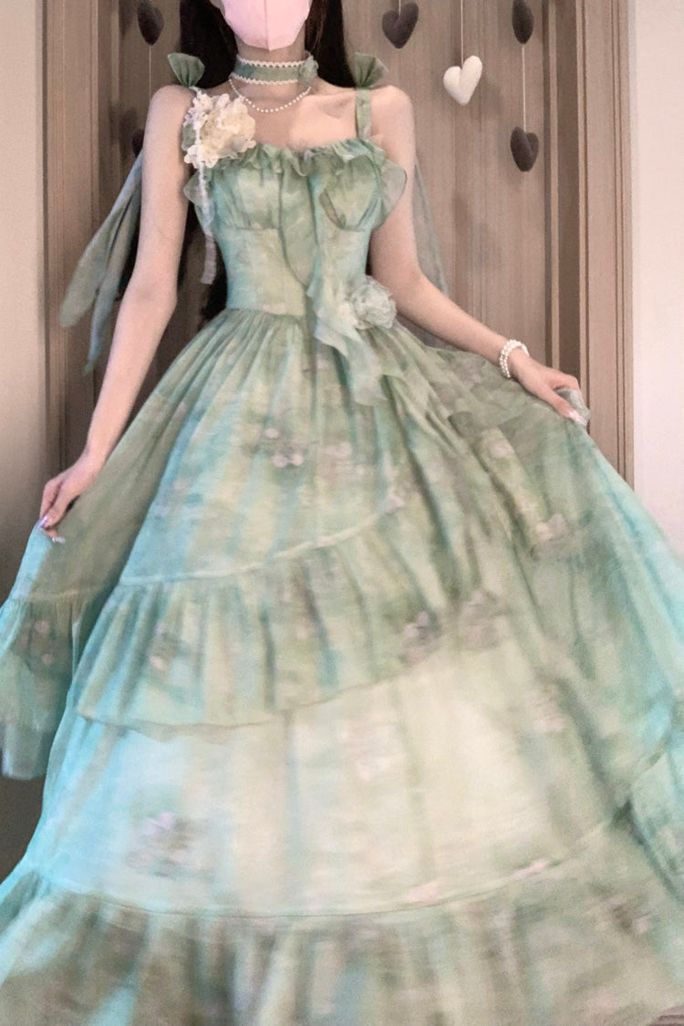 Green [Forest Garden] Print Ruffle Bowknot Sweet Lolita Jsk Long Dress - Product - 5